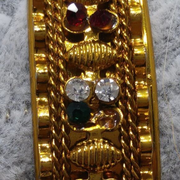 Vintage Gold Tone Rhinestone Bangle Bracelet Clear Red Green Small Size - Picture 9 of 9